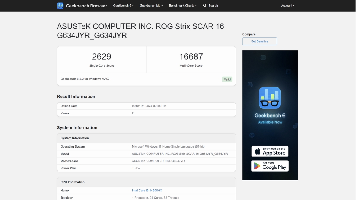 Geekbench 6 Single and Multi-Core Scores